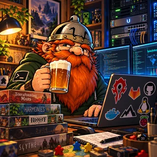 R-no's avatar: a red-bearded dwarf in an iron helmet, holding a beer, between his board games and his servers